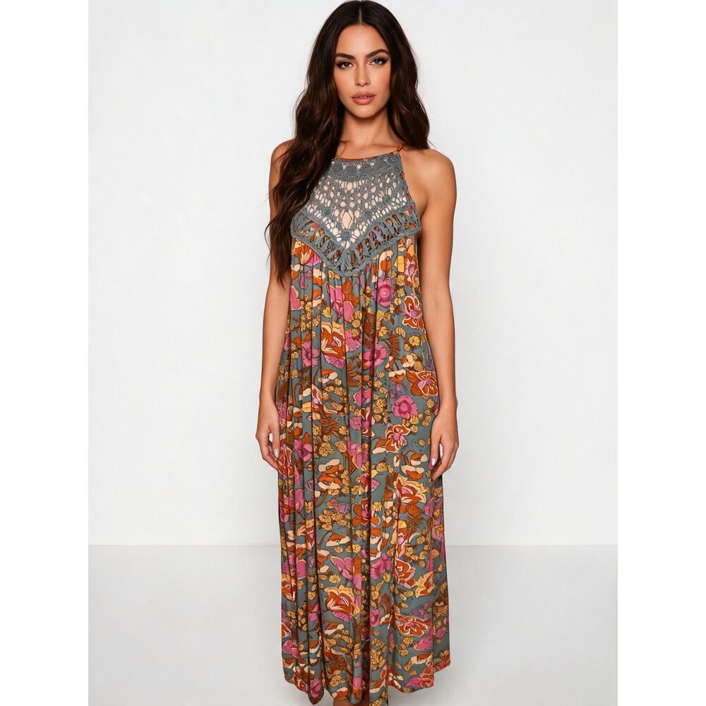 Faroro Retro Floral Crochet Halter Maxi Dress Size Medium